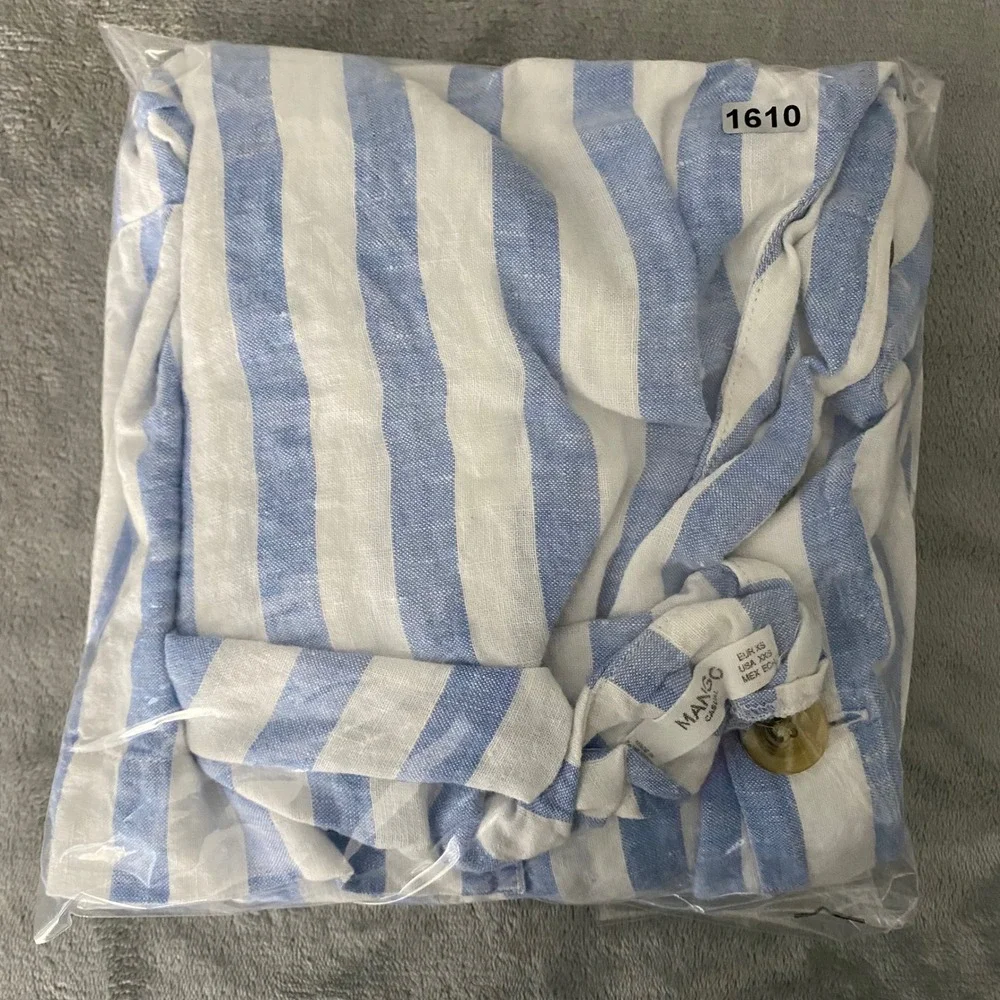 Mango Linen Dress Womens XXS Blue White Striped Button Down Midi Casual - Picture 9 of 9